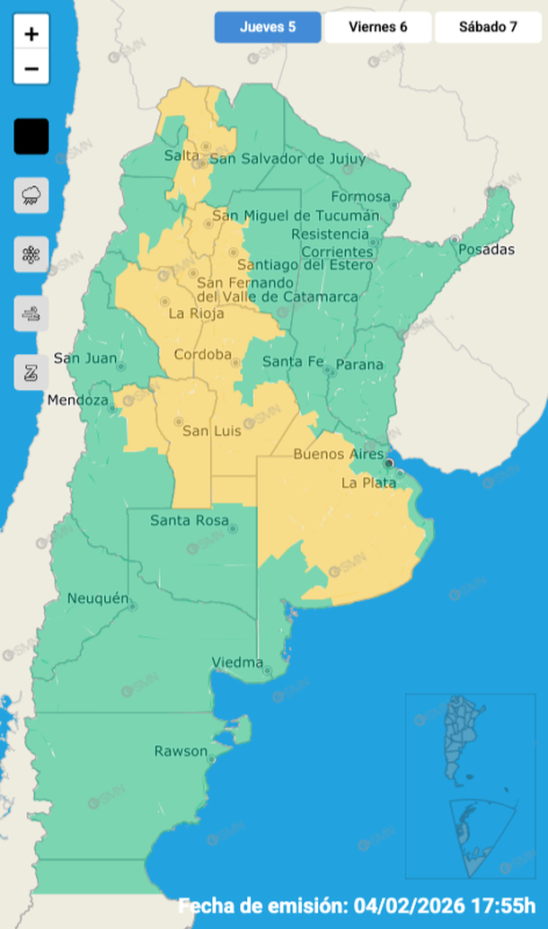 Las zonas afectadas por la alerta del Servicio Meteorológico Nacional por tormentas y granizo para este jueves. Las zonas afectadas por la alerta del Servicio Meteorológico Nacional por tormentas y granizo para este jueves.