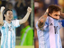 Un joven Lionel Messi, celebrando su golazo en Venezuela 2007, y el mismo Messi, en Estados Unidos 2016, tras errar su penal.&nbsp;