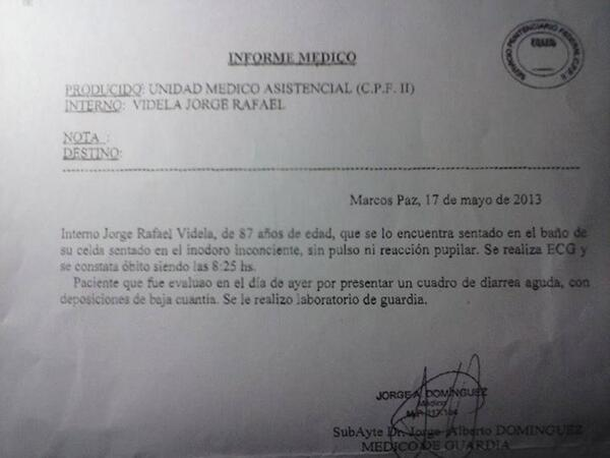 En el Día de la Memoria fue muy buscado el parte médico con la diarrea del genocida Videla En el Día de la Memoria fue muy buscado el parte médico con la diarrea del genocida Videla