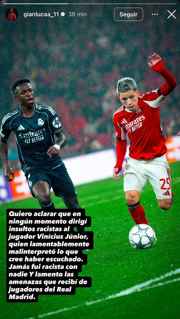 El posteo con descargo de Gianluca Prestianni negando las acusaciones de Vinicius Jr. El posteo con descargo de Gianluca Prestianni negando las acusaciones de Vinicius Jr. 