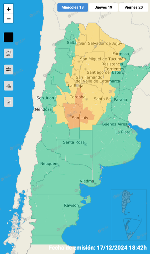 Alerta por tormentas y granizo este miércoles en zonas de trece provincias. Fuente: Servicio Meteorológico Nacional. Alerta por tormentas y granizo este miércoles en zonas de trece provincias. Fuente: Servicio Meteorológico Nacional.