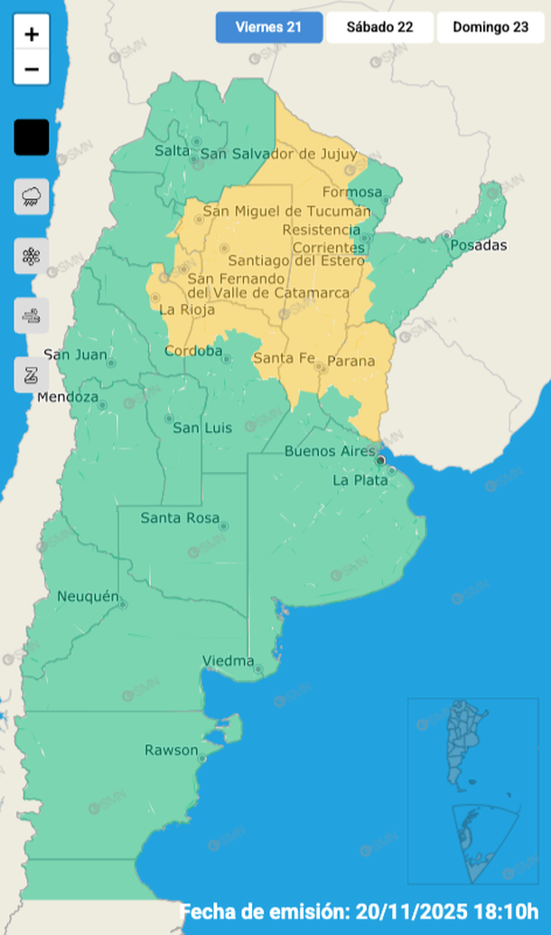 Alerta por tormentas y granizo en varias regiones del país. Fuente: Servicio Meteorológico Nacional.