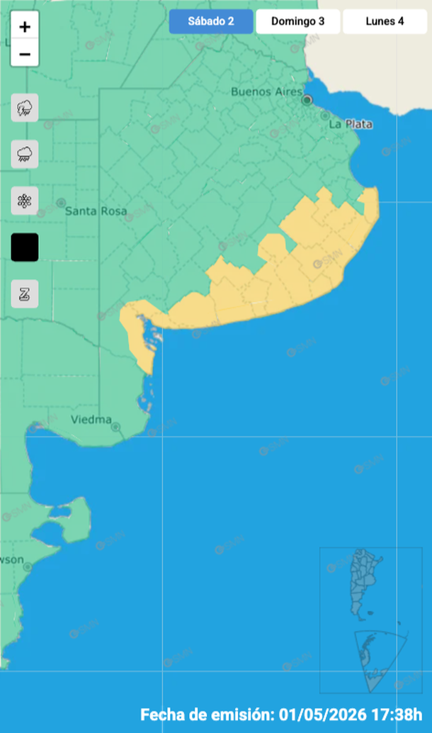 Alerta meteorológica por viento fuerte en Buenos Aires. Fuente: Servicio Meteorológico Nacional.
