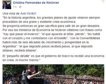 Cristina citó a Kicillof en Facebook