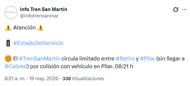 El tren San Martín circulaba con servicio limitado por el choque en Pilar El tren San Martín circulaba con servicio limitado por el choque en Pilar