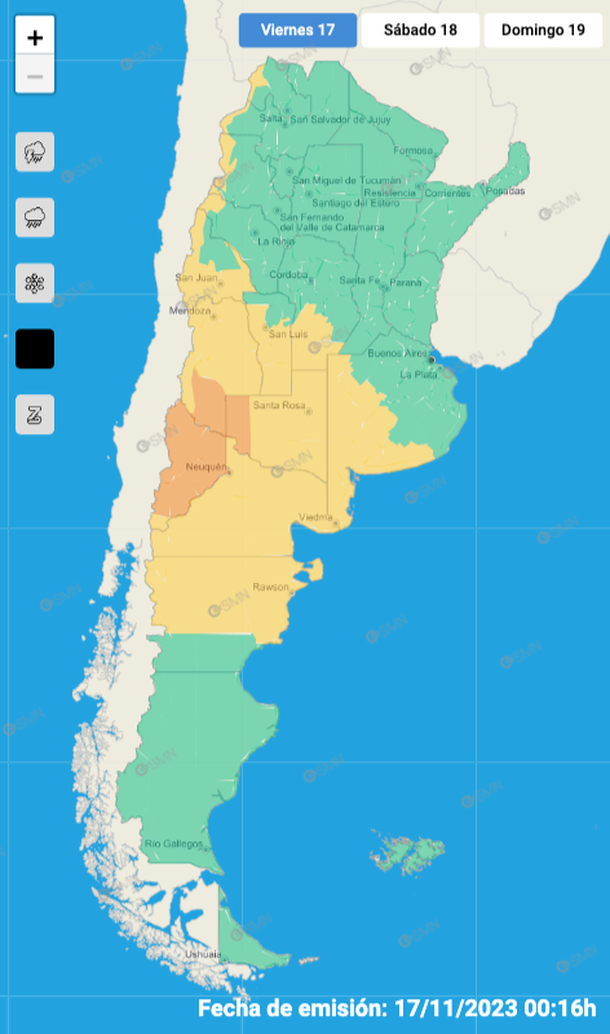 Mapa de alertas por viento fuerte en Buenos Aires y otras regiones. Fuente: Servicio Meteorológico Nacional. Mapa de alertas por viento fuerte en Buenos Aires y otras regiones. Fuente: Servicio Meteorológico Nacional.