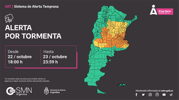 Alerta por lluvias fuertes, tormentas y granizo para Buenos Aires y otras provincias. Fuente: Servicio Meteorológico Nacional.