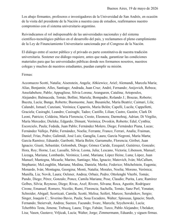 Duro comunicado de docentes de la Universidad de San Andrés tras la disertación de Javier Milei. Duro comunicado de docentes de la Universidad de San Andrés tras la disertación de Javier Milei.