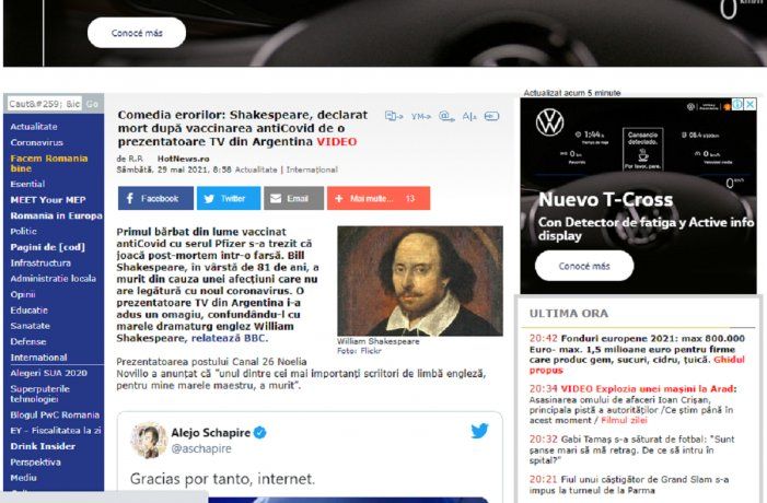La conductora de murió William Shakespeare apareció en los medios de todo el mundo