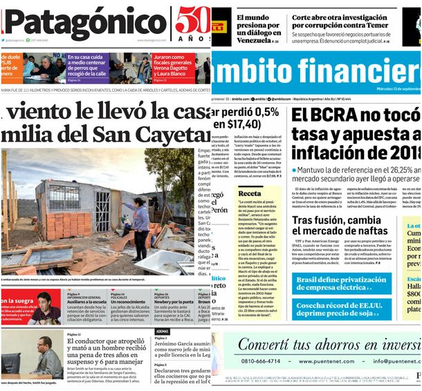 Tapas de diarios del miércoles 13 de septiembre de 2017