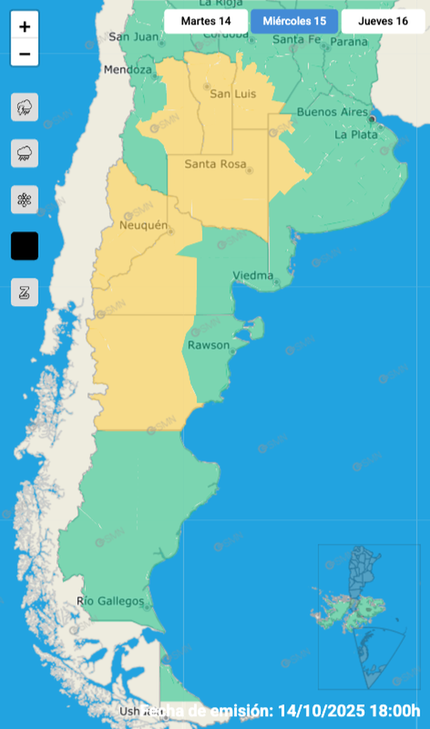 Alerta este miércoles por viento y en Buenos Aires y otras zonas del país. Fuente: Servicio Meteorológico Nacional. Alerta este miércoles por viento y en Buenos Aires y otras zonas del país. Fuente: Servicio Meteorológico Nacional.