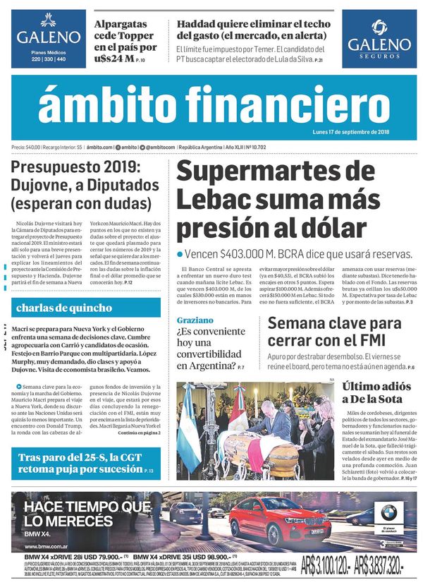 Tapas de diarios del lunes 17 de septiembre de 2018