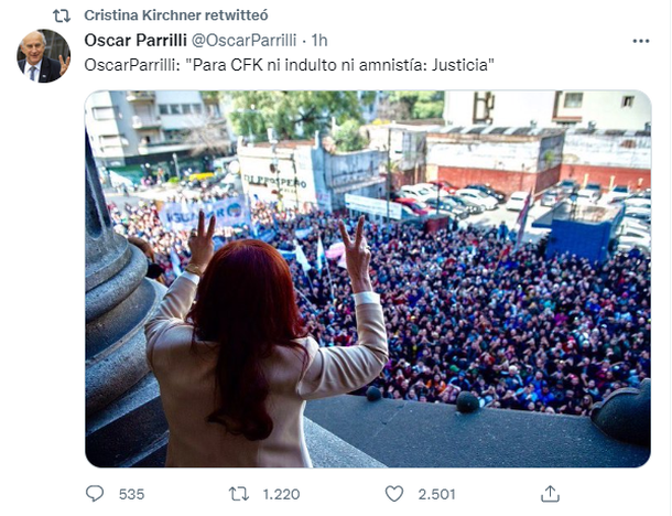 El contundente retuit de Cristina Kirchner: "Ni indulto ni amnistía..."