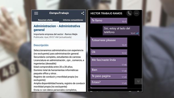 La publicación en los portales de búsqueda laboral y uno de los mensajes&nbsp;