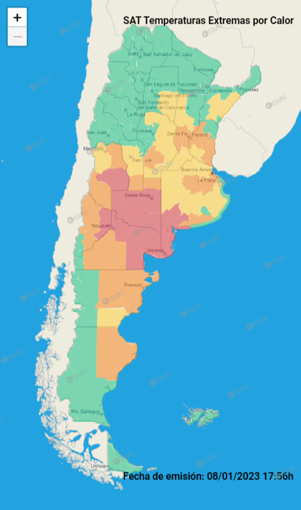 Mapa de alerta por ola de calor en todo el país. Fuente: Servicio Meteorológico Nacional (SMN).