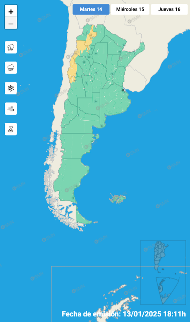 Rige alerta por tormentas y granizo este martes en varias zonas del país. Fuente: Servicio Meteorológico Nacional.