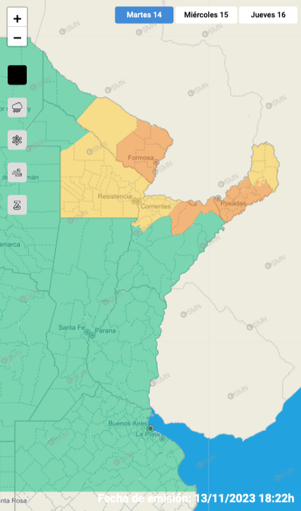 Mapa de tormentas y granizo para este martes. Fuente: Servicio Meteorológico Nacional. Mapa de tormentas y granizo para este martes. Fuente: Servicio Meteorológico Nacional.