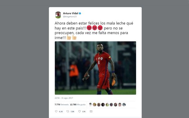 El tuit de Arturo Vidal tras su gol en contra