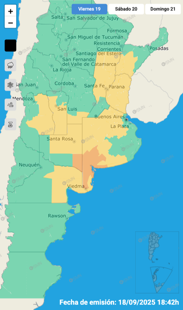 Las zonas del alerta amarillo y naranja por tormentas y granizo. Fuente: Servicio Meteorológico Nacional. Las zonas del alerta amarillo y naranja por tormentas y granizo. Fuente: Servicio Meteorológico Nacional.