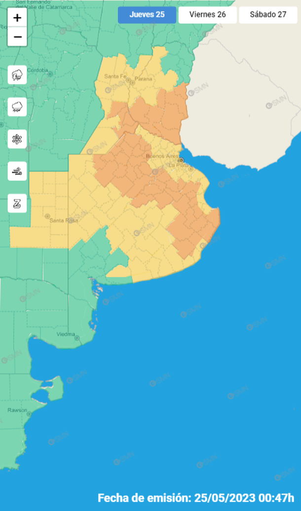 Mapa alerta por tormentas y granizo en el AMBA y otros distritos. Fuente: Servicio Meteorológico Nacional. Mapa alerta por tormentas y granizo en el AMBA y otros distritos. Fuente: Servicio Meteorológico Nacional.