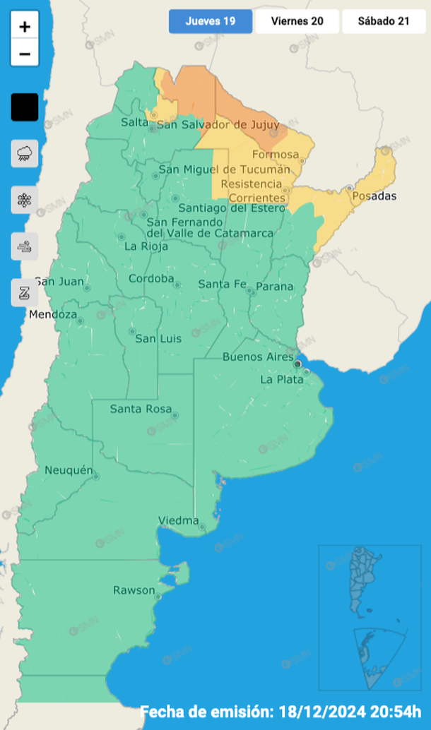 Alerta por tormentas y granizo este jueves en siete provincias. Fuente: Servicio Meteorológico Nacional. Alerta por tormentas y granizo este jueves en siete provincias. Fuente: Servicio Meteorológico Nacional.