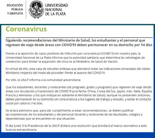 La Universidad Nacional de La Plata tambi&eacute;n licenci&oacute; a sus empleados y estudiantes por el coronavirus