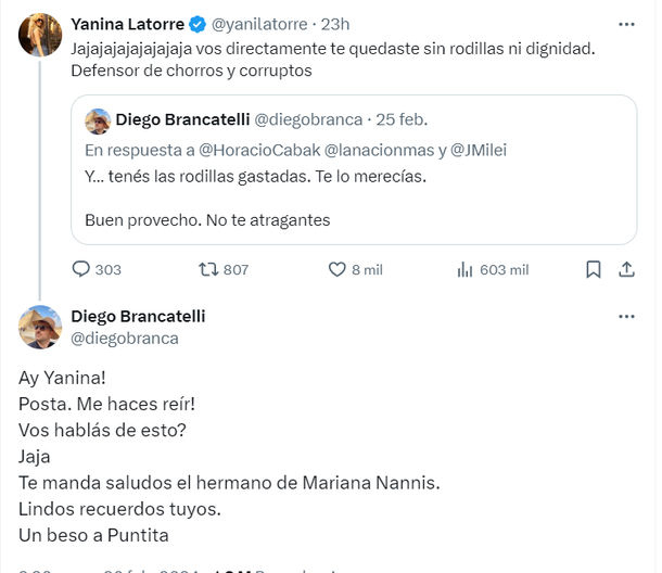 Fuerte cruce entre Diego Brancatelli y Yanina Latorre en redes sociales