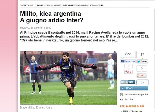 ¿Diego Milito vuelve a jugar en Racing en 2013?