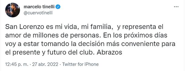 El tuit de Marcelo Tinelli en medio de los rumores sobre su renuncia como presidente de San Lorenzo