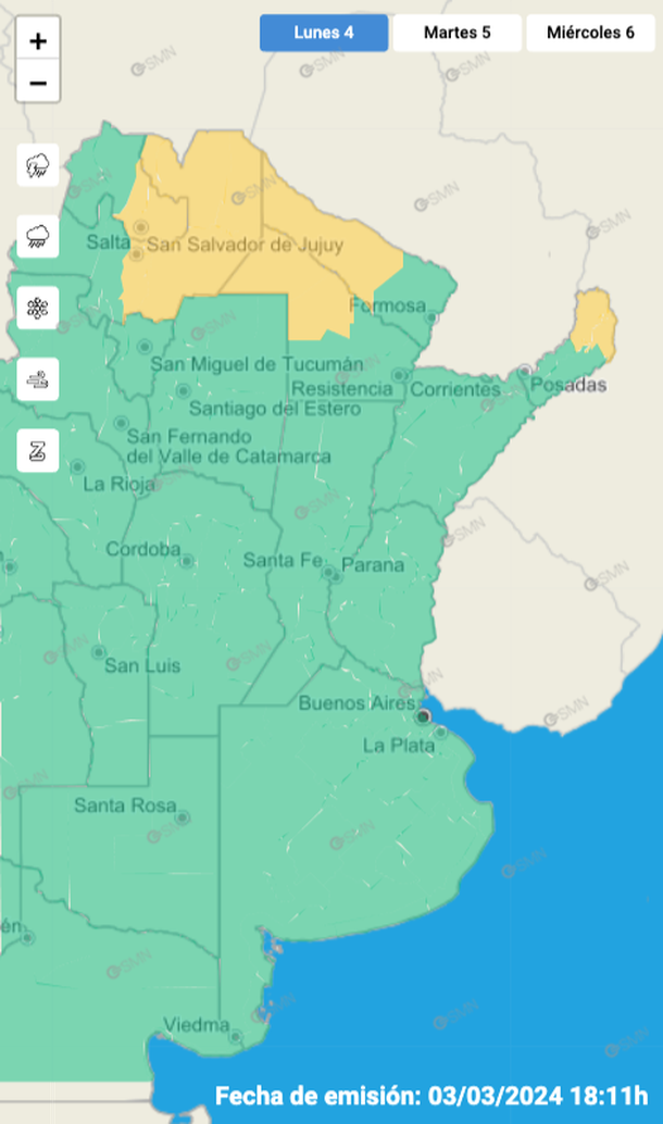 Alerta por tormentas y granizo para zonas de cinco provincias. Fuente: Servicio Meteorológico Nacional. Alerta por tormentas y granizo para zonas de cinco provincias. Fuente: Servicio Meteorológico Nacional. 