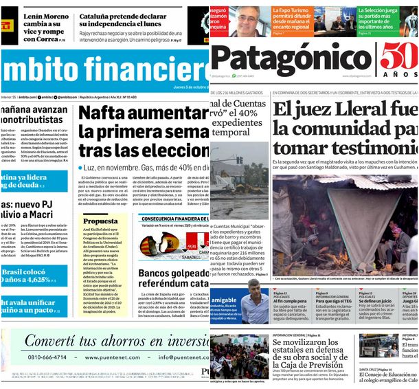 Tapas de diarios del miércoles 5 de octubre de 2017