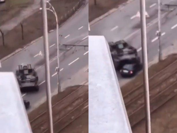 VIDEO: Un tanque ruso aplastó a un auto con una persona adentro en Kiev