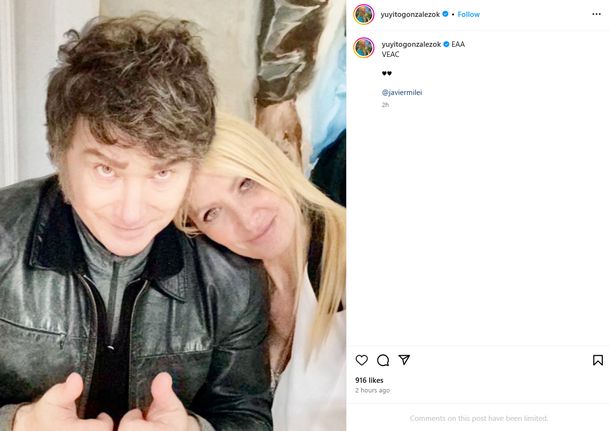 Otro romántico posteo de Yuyito González a Javier Milei Otro romántico posteo de Yuyito González a Javier Milei