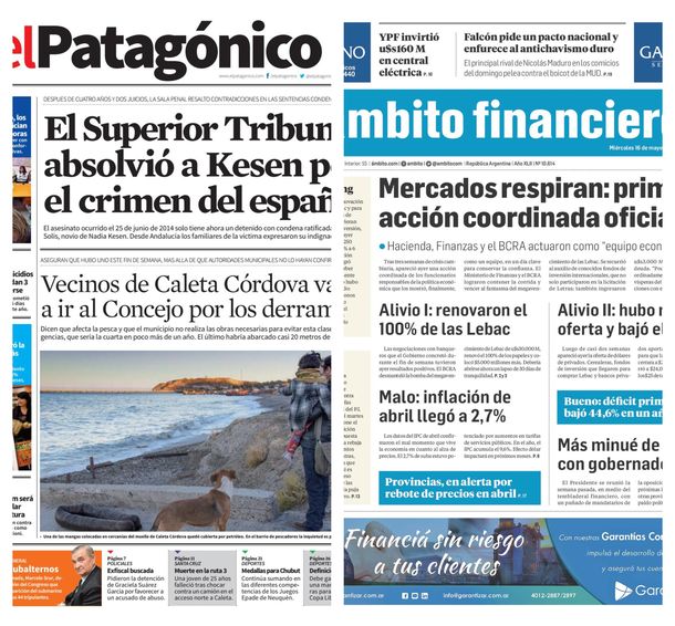 Tapas de diarios del miércoles 15 de mayo de 2018