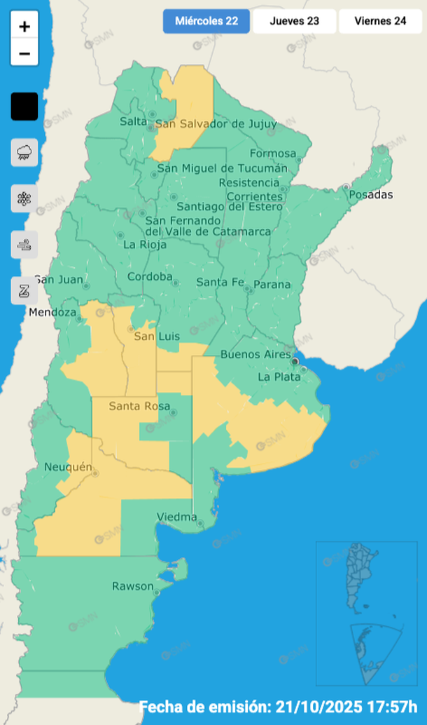El alerta por tormentas fuertes y granizo para Buenos Aires y otras siete provincias. Fuente: Servicio Meteorol&oacute;gico Nacional.&nbsp;