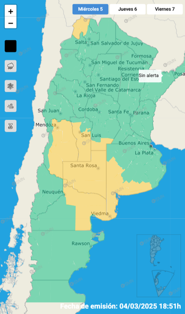 Alerta por tormentas y granizo en Buenos Aires y otras seis provincias. Fuente: Servicio Meteorológico Nacional. 