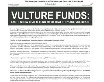 El Gobierno sacó una solicitada contra los fondos buitre en el Washington Post