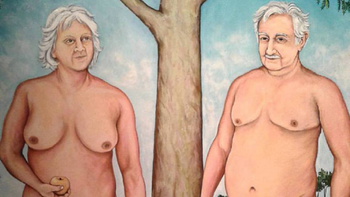 La pintura muestra a Mujica y Topolansky desnudos, acompañados inclusive de su perra Manuela La pintura muestra a Mujica y Topolansky desnudos, acompañados inclusive de su perra Manuela