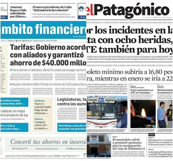 Tapas de diarios del viernes 20 de abril de 2018