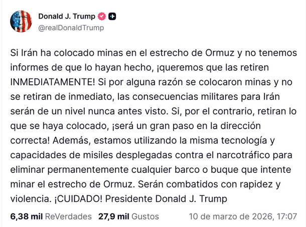 El mensaje de Donald Trump en medio de la escalada b&eacute;lica entre Estados Unidos e Ir&aacute;n.