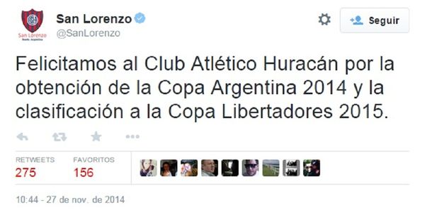 Devolución de gentilezas: San Lorenzo felicitó a Huracán por el título