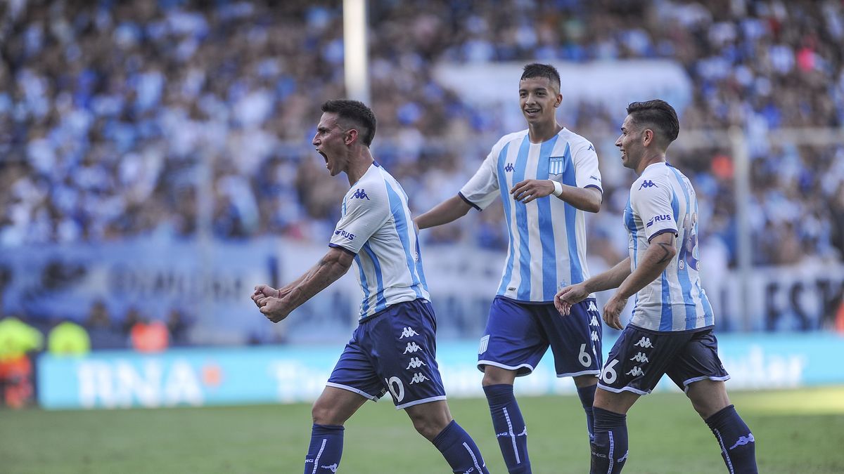 Avellaneda, Argentina, 12, March, 2023.Matias Rojas from Racing Club  celebrates his team's first goal to make the score during the match between Racing  Club vs. Club Atletico Sarmiento, match 7, Professional Soccer