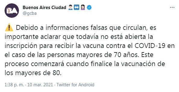 El mensaje del Gobierno de la Ciudad de Buenos Aires sobre los turnos de vacunación para adultos de 70 a 80 años