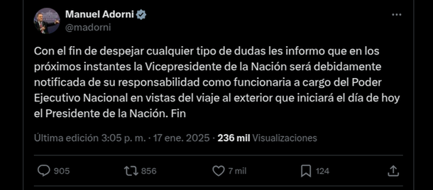 Manuel Adorni anunció que Victoria Villarruel entra en funciones