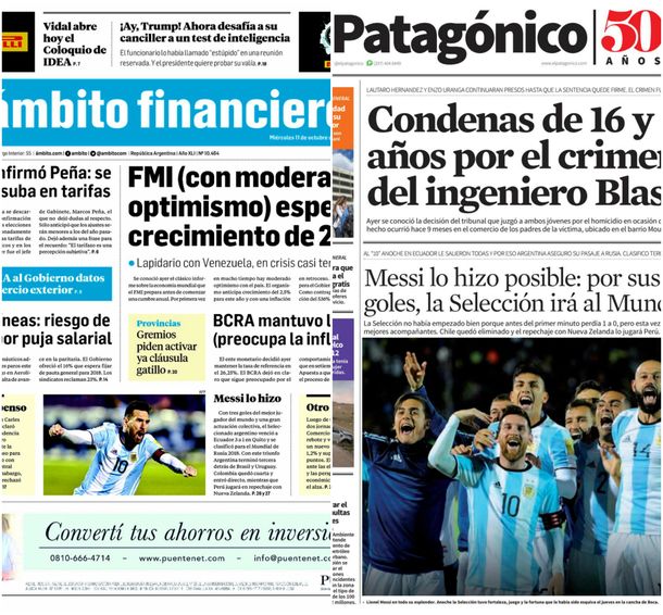 Tapas de diarios del miércoles 11 de octubre de 2017