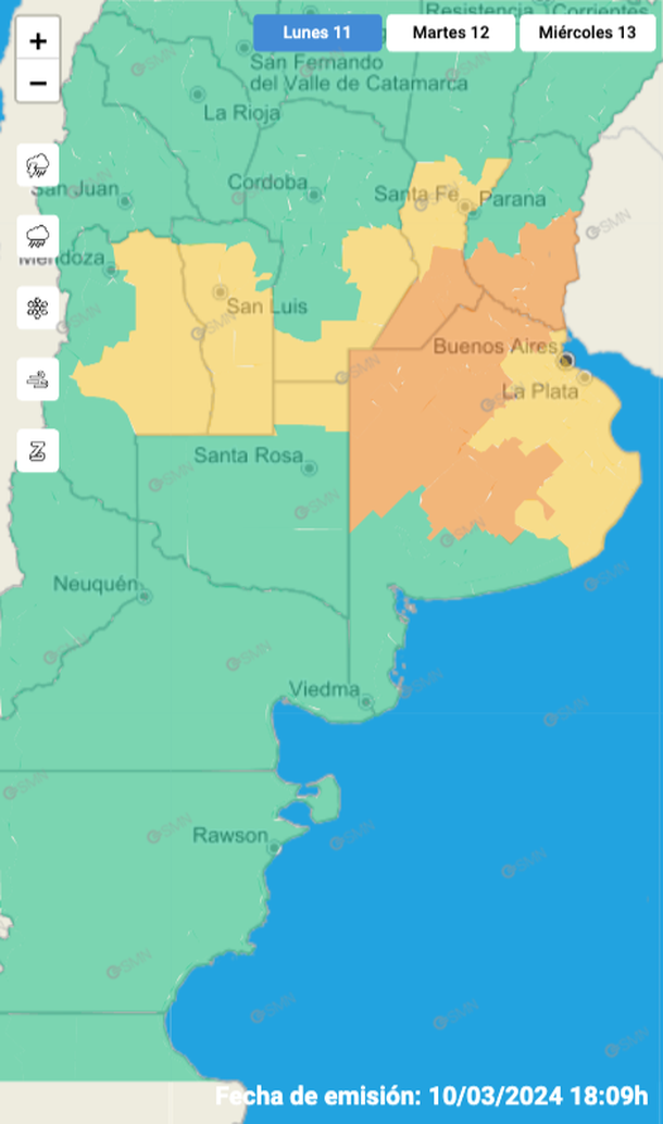 Alerta por tormentas y granizo en Buenos Aires y otras seis provincias. Fuente: Servicio Meteorológico Nacional.