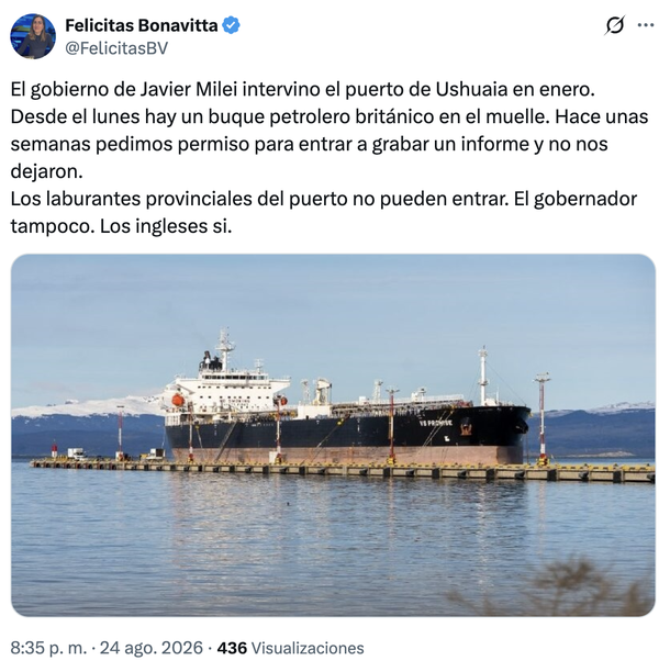 Tierra del Fuego cruzó al Gobierno por la operación de un buque petrolero británico en el puerto de Ushuaia Tierra del Fuego cruzó al Gobierno por la operación de un buque petrolero británico en el puerto de Ushuaia