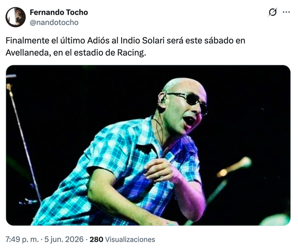 Aseguran que el velorio de Indio Solari será en un estadio de Buenos Aires. Aseguran que el velorio de Indio Solari será en un estadio de Buenos Aires.