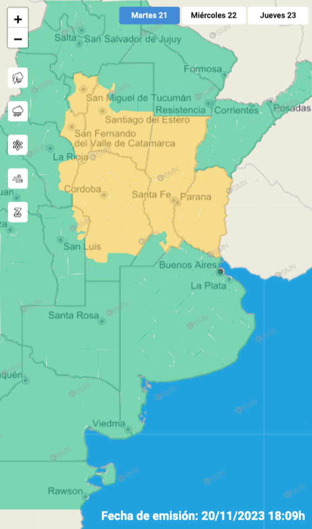 Mapa de alertas por tormentas y granizo para este martes 21 de noviembre. Fuente: Servicio Meteorológico Nacional. Mapa de alertas por tormentas y granizo para este martes 21 de noviembre. Fuente: Servicio Meteorológico Nacional.