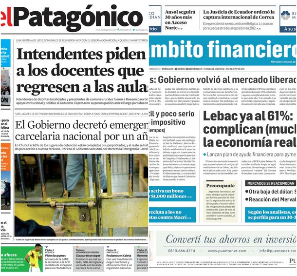 Tapas de diarios del miércoles 4 de julio de 2018